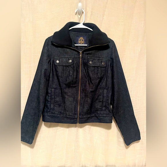 Navy Blue Denim Jacket with Ribbed Collar - Picture 1 of 7
